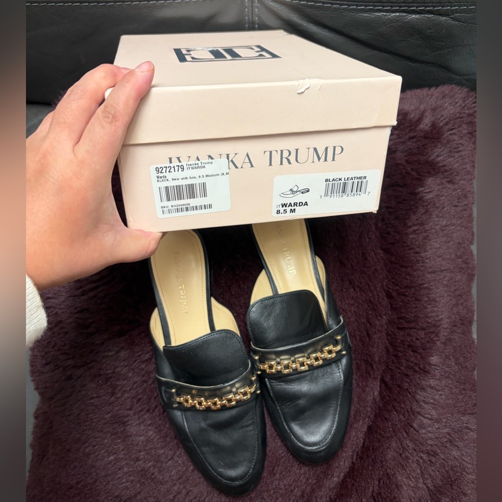 Ivanka Trump Black Leather Loafers with Gold Chain
